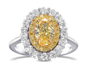 GIA 1.96 Carat Fancy Intense Yellow Diamond Double Halo 18K White Gold Engagement ring