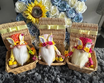 Gnome handmade Easter with top hat and rabbit years in a basket