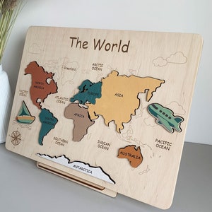 World Map Puzzle, Wooden Map Puzzle for Kids, Handmade Wooden Map Puzzle  With Continents and Oceans, Learning Puzzle 