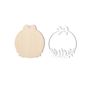 May include: Two unfinished wooden ornaments, one is a circle with a bow and the other is a round shape with a bow. Both ornaments are ready to be painted or decorated.