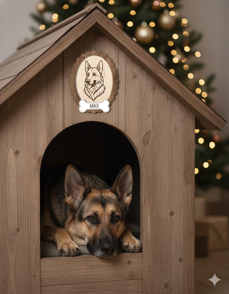 May include: A wooden dog house with a German Shepherd inside. The house has a decorative plaque with a dog portrait and the name "MAX". The dog is brown and black, lying down inside the house. A Christmas tree is in the background.