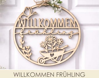 Willkommen Türkranz SVG Laserdatei, Frühling Türdeko Laser Cut, Frühling Fenster Deko zum aufhängen