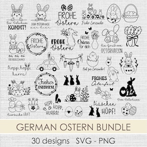 Puede incluir: Una colección de diseños de Pascua en blanco y negro, que incluyen conejitos, huevos y texto. Los diseños presentan frases como "Frohe Ostern" y "German Ostern Bundle" con 30 diseños disponibles en formatos SVG y PNG.