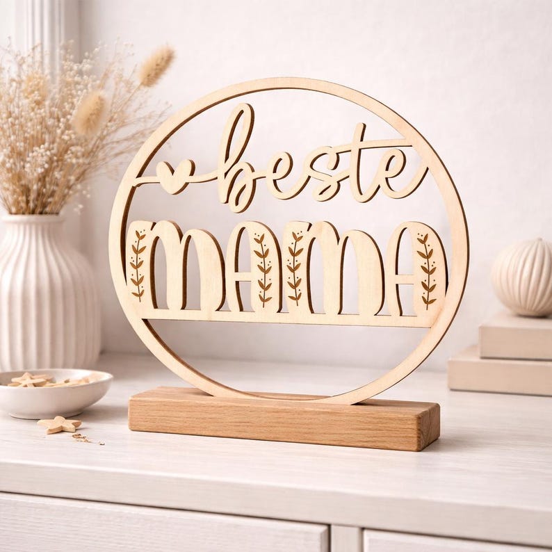 K&ouml;nnte beinhalten: Ein dekoratives Holzschild mit den Worten "beste mama" in einem kreisf&ouml;rmigen Design ausgeschnitten. Das Schild ist auf einem rechteckigen Holzsockel montiert. Die Buchstaben "M" und "A" haben blattartige Designs. Das Schild ist hellbraun.
