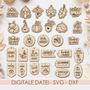 May include: A collection of laser-cut wooden tags featuring autumn-themed designs including pumpkins, mushrooms, foxes, hedgehogs, leaves, and umbrellas, with German text phrases like Hallo Herbst, Herbstlicht, and Kürbiszeit engraved on each piece.