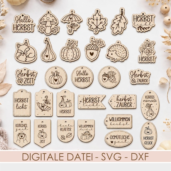 Herbst Anhänger SVG DXF Laserdatei, 30 herbstliche Geschenkanhänger,  Holzanhänger mit Sprüchen und Motiven + Gewerbelizenz
