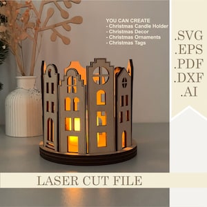Christmas houses light SVG laser cut file, Christmas tea light candle holder, village house ornaments, Lantern Christmas town decorations