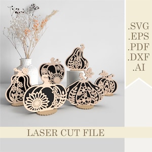 Standing Floral Pumpkin SVG Bundle, Set of 6 Autumn Pumpkins Laser Cut file, Halloween Thanksgiving decor Digital Download Glowforge Cricut