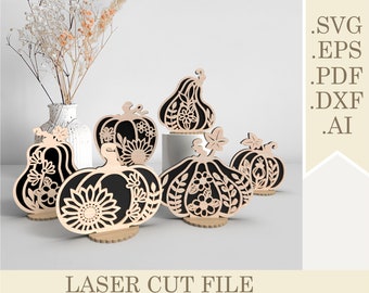Standing Floral Pumpkin SVG Bundle, Set of 6 Autumn Pumpkins Laser Cut file, Halloween Thanksgiving decor Digital Download Glowforge Cricut