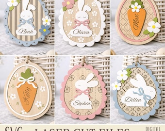 Easter Egg Name Tag SVG Bundle, Personalized Bunny Carrot Ornaments Laser Cut Files, Custom Easter Basket Tags for Glowforge, xTool
