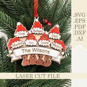 2025 Familie Weihnachtsmütze Weihnachten Ornament SVG, personalisierte Familienname Laser Cut Datei Dekorationen 2-13 namen, 3D Holz Ornament svg