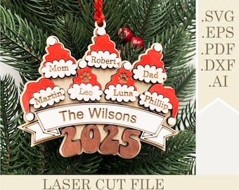 2025 Family Santa Hat Christmas Ornament SVG, Personalized Family Name Laser Cut file  Decorations 2-13 names, 3d Wooden Ornament svg