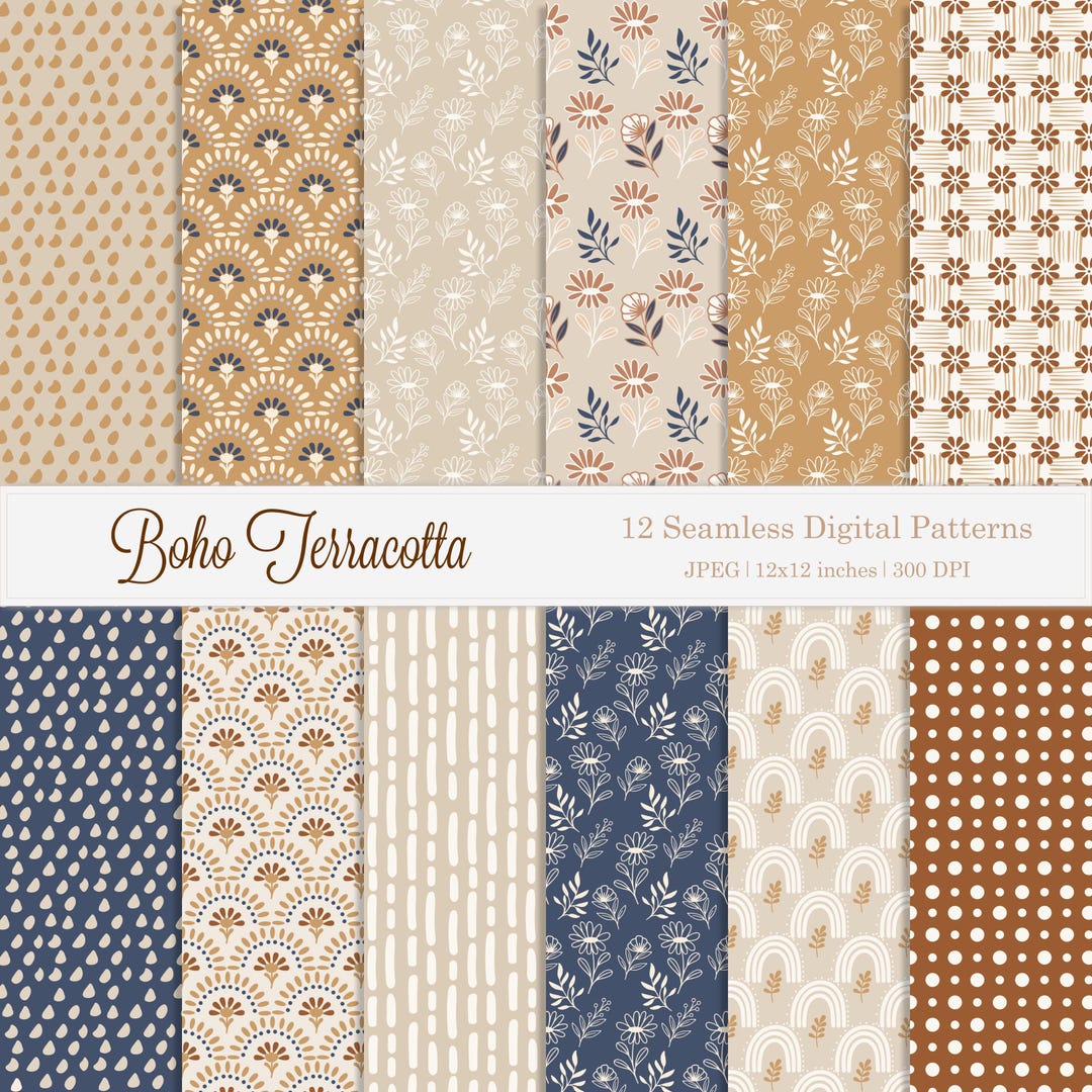 12 Boho Terracotta Seamless Digital Paper Pack, Boho Pattern for Fabric ...