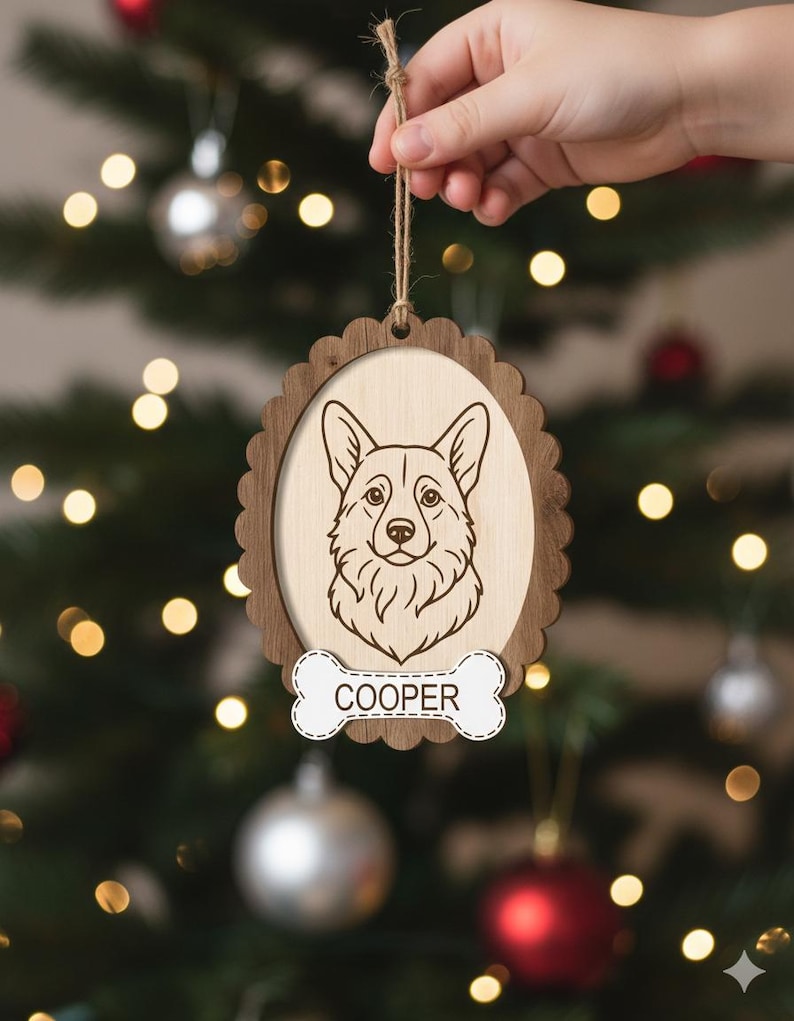 May include: Wooden Christmas ornament featuring a detailed engraved corgi portrait within an oval frame. The frame has a scalloped edge and a bone-shaped tag with the name "COOPER". The ornament hangs from a twine string, perfect for pet lovers.