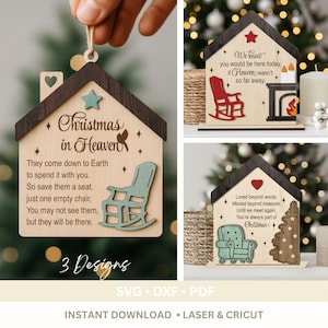 Puede incluir: Adornos navideños de madera con forma de casa, disponibles en tres diseños. Cada uno presenta un mensaje e imágenes diferentes, como una mecedora, una chimenea y un árbol de Navidad. Cortados con láser, aptos para proyectos láser y Cricut.