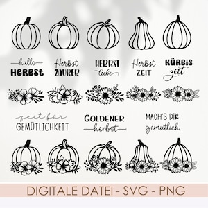Puede incluir: Una colección de gráficos de línea negra que presentan varias formas de calabazas, arreglos florales y frases en alemán, incluyendo hallo HERBST, Herbst ZAUBER, HERBST liebe, Herbst ZEIT, KÜRBIS zeit, zeit für GEMÜTLICHKEIT, GOLDENER herbst y MACH'S DIR gemütlich.