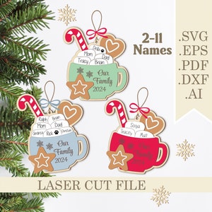 Pacchetto di ornamenti natalizi in formato SVG per la famiglia, file tagliato al laser, tazza di cioccolata calda e marshmallow, nomi personalizzati, decorazioni natalizie, Glowforge digitale