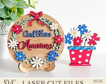 God Bless America Round Sign and Flower Pot SVG Set for 4th of July, Patriotic Floral Tiered Tray Laser Cut Files, Red White Blue Glowforge