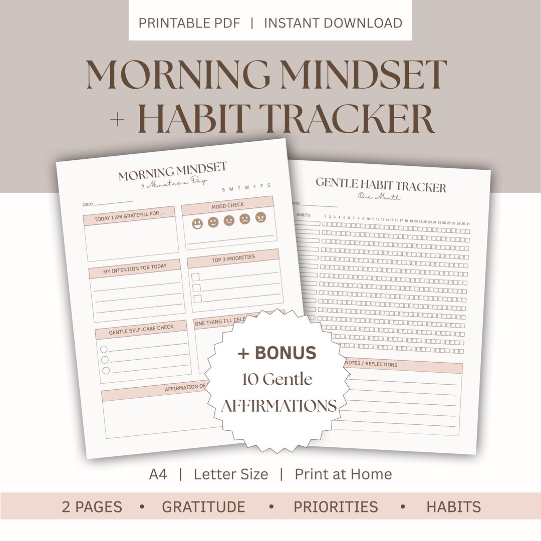 Morning Routine &amp; Habit Tracker, Printable Self-care Planner PDF, Daily Gratitude, Gentle ...