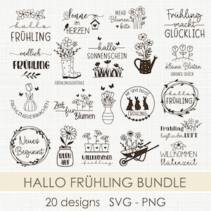 Puede incluir: Un conjunto de 20 diseños SVG y PNG con temática primaveral. Las ilustraciones en blanco y negro incluyen arreglos florales y frases como "Hola Primavera". El texto "Hallo Frühling Bundle" también está incluido.