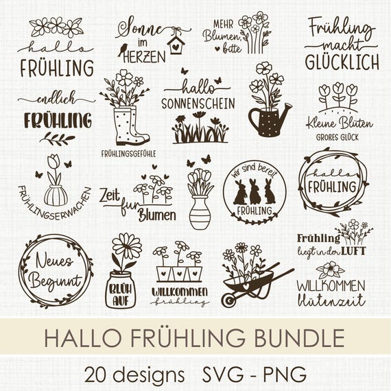 Hallo Frühling SVG Plotterdatei, 20 Frühlings Sprüche & Blumen Motive, Frühlingsdeko Plotter Datei für Tür Fenster