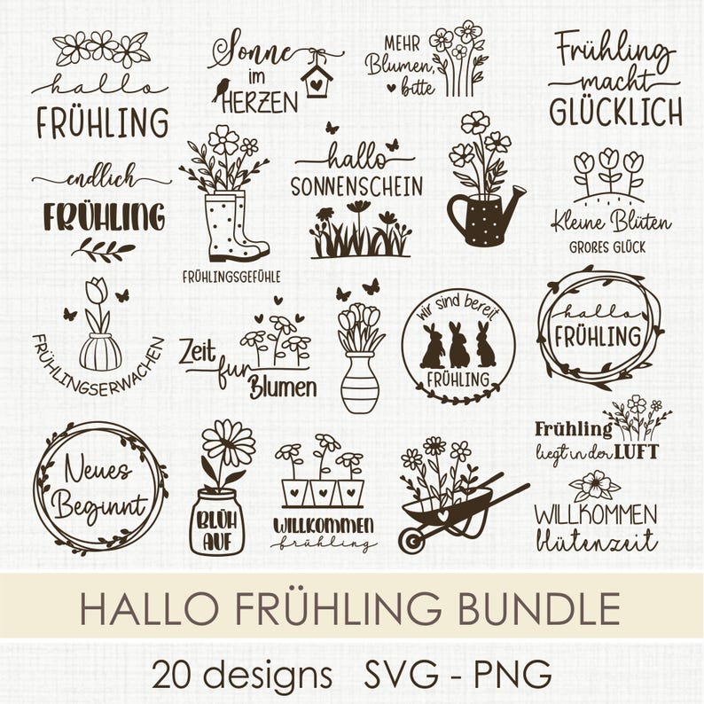 May include: A collection of 20 spring-themed SVG and PNG designs. The black and white illustrations include floral arrangements, phrases like "Hello Spring," and other seasonal motifs. The text "Hallo Fr&uuml;hling Bundle" is also included.