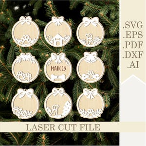 Kerst hond poot ornament bundel SVG, lasergesneden bestand hond bot lege kerst frames, hondnaam, huisdier boomversiering, digitale download