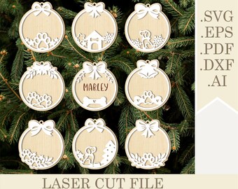 Pacchetto di ornamenti natalizi a forma di zampa di cane SVG, file tagliato al laser, cornici vuote per Natale a forma di osso di cane, nome del cane, decorazione per albero di animali domestici, download digitale
