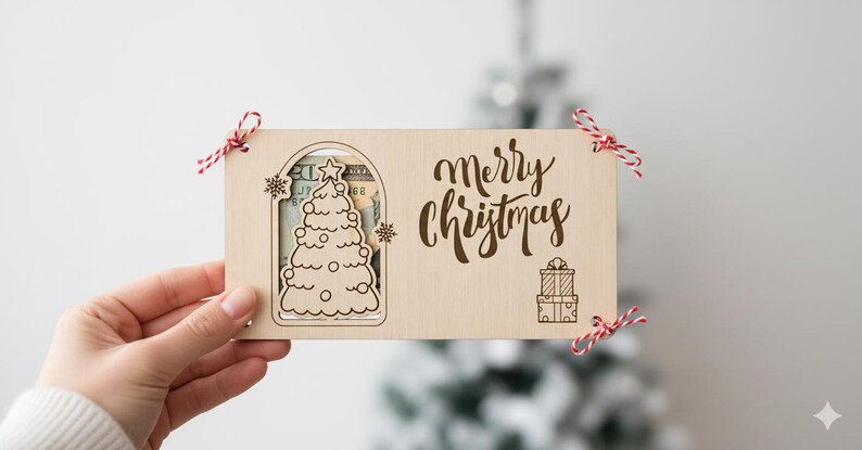 May include: A wooden Christmas gift card holder with a laser-cut Christmas tree design and the words "Merry Christmas." The holder is decorated with red and white twine and contains money. A Christmas tree is in the background.