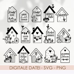 May include: A collection of fifteen black and white house-shaped graphic designs featuring seasonal autumn motifs like pumpkins, mushrooms, hedgehogs, and acorns, accompanied by German text phrases such as Herbst Glück and Daheim.