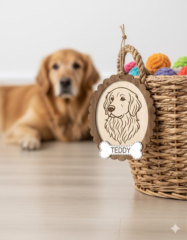 May include: Wooden dog ornament featuring a Golden Retriever illustration. The ornament has a scalloped edge and a bone-shaped tag that reads "TEDDY". A woven basket filled with colorful balls is in the background.