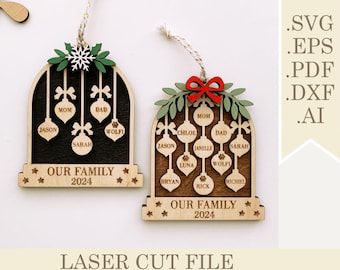 May include: Two wooden family ornaments with names and the text "OUR FAMILY 2024". One has a black background, the other a brown background. Both have a decorative top and a string for hanging. The words "LASER CUT FILE" are at the bottom.