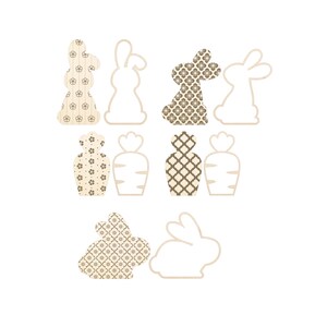 May include: A set of eight bunny and carrot cutouts, some with a floral pattern and some plain. The cutouts are perfect for crafting and decorating.