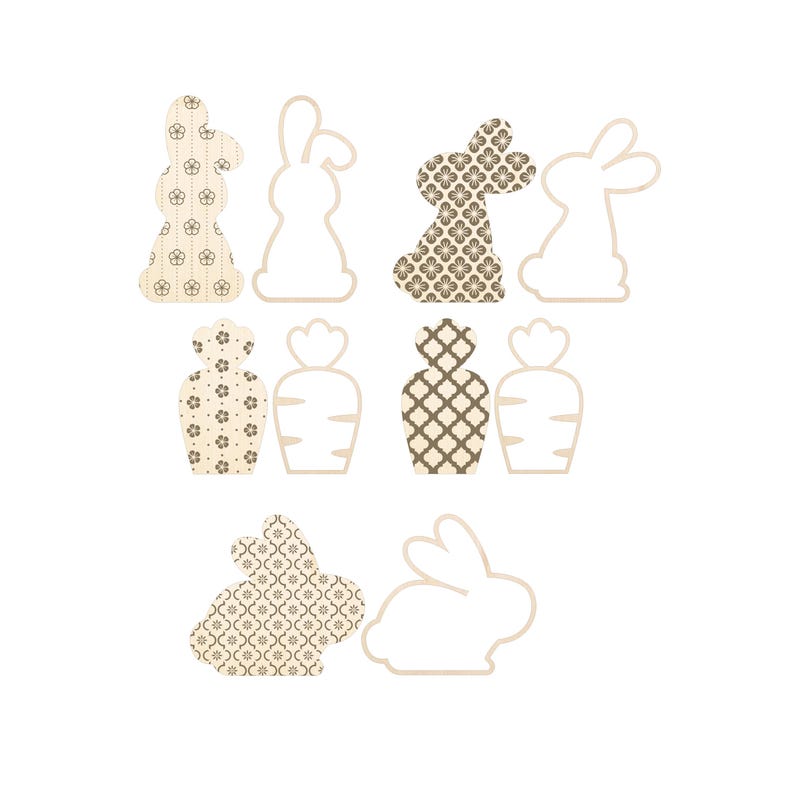 May include: A set of eight bunny and carrot cutouts, some with a floral pattern and some plain. The cutouts are perfect for crafting and decorating.