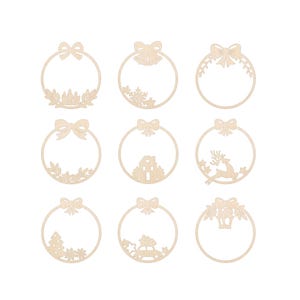 May include: Nine wooden Christmas ornament shapes with different designs, including a house, a reindeer, a Christmas tree, and a lantern. Each ornament has a bow at the top and a blank circle in the centre.
