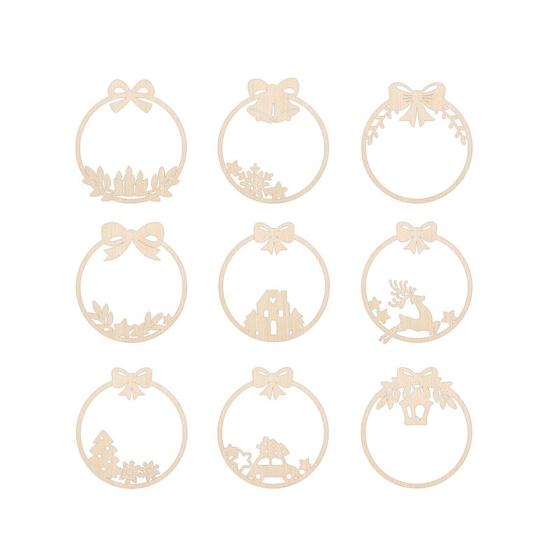 May include: Nine wooden Christmas ornament shapes with different designs, including a house, a reindeer, a Christmas tree, and a lantern. Each ornament has a bow at the top and a blank circle in the centre.