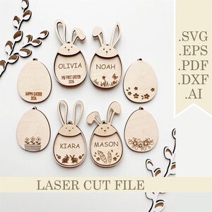 Osterhasenohren Ei Korb Tags SVG, Laser geschnittene Dateien svg Bundle personalisierter Ostergeschenkanhänger, Korbname Geschenkanhänger Digital Glowforge