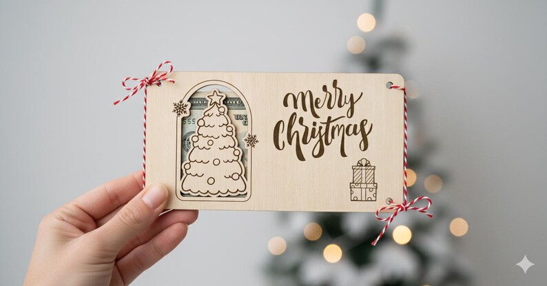 May include: A wooden Christmas gift card holder with a laser-cut Christmas tree design and the words "Merry Christmas". The holder is tied with red and white twine and a bow. A gift card is visible inside.