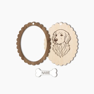 May include: Wooden dog-themed ornaments. One oval frame with a scalloped edge, a wooden tag with a Golden Retriever illustration, and a bone-shaped tag with the word "NAME". All pieces have a hole for hanging.