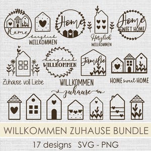 May include: A selection of 17 brown house-themed designs, featuring the words "Home", "Sweet Home", and "Welcome" in diverse fonts and styles. Suitable for SVG and PNG formats.