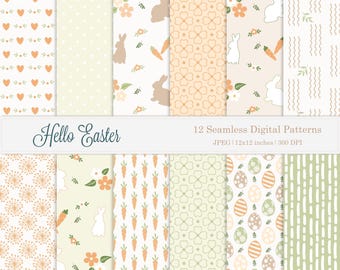12 powtarzających się wzorów bezszwowe na Wielkanoc, cyfrowy papier z króliczkiem i jajkiem, pastelowy wzór wiosenny na tkaninę, kwiatowy album, tła do druku