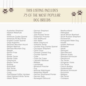 May include: A cream-colored graphic lists 75 of the most popular dog breeds. The text reads "THIS LISTING INCLUDES 75 OF THE MOST POPULAR DOG BREEDS." The list includes breeds like German Shepherd, Bulldog, and Poodle.