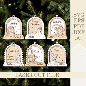 Paquete SVG de adornos de bola de nieve navideña, archivo cortado con láser de juguetes para árboles de Navidad, animales de bola de nieve con el nombre del primer bebé en Navidad, etiqueta de calcetín