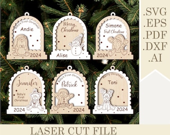 Christmas Snow Globe Ornaments SVG Bundle, Christmas Tree Toys Laser Cut file, Baby First Christmas Name Snow Globe Animals, Stocking Tag