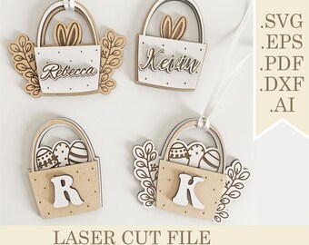 Easter Basket Tag Bundle SVG, Easter Bunny and Egg Tags Laser Cut File, Easter Hanging Ornaments Svg, Easter gift tags Digital Glowforge