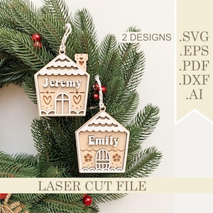 Adornos de casa de jengibre SVG, archivo cortado con láser Primer adorno navideño, Etiqueta con nombre para calcetín, Adorno con nombre de familia, Decoración para árbol de Navidad