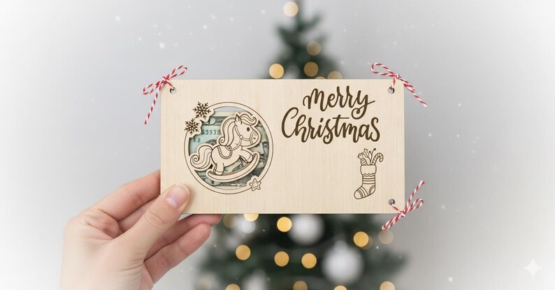 May include: A wooden Christmas gift card holder with a rocking horse design and the words "Merry Christmas". The holder is decorated with red and white twine and a Christmas tree is in the background.