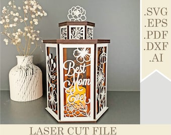 Mother's Day Candle Holder SVG, Wooden Lantern Laser Cut file, Gifts for Mom Table lamp laser Plywood Tea Light Night Lamp Digital Download