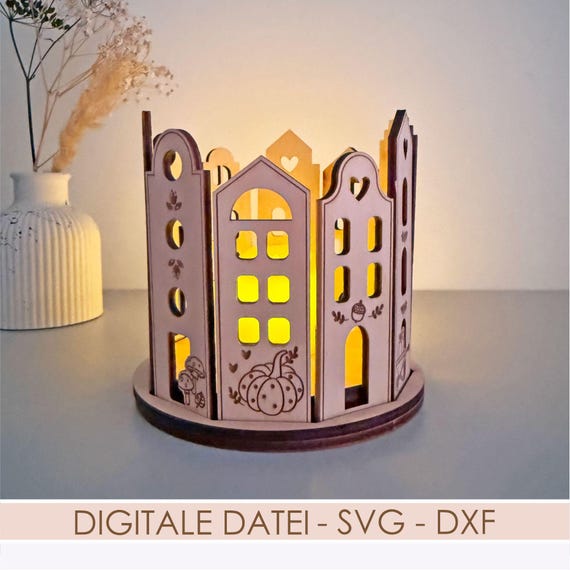 Herbst Häuschen Windlicht SVG Laserdatei, LED Teelichthalter, Herbst ballonlicht + Gewerbelizenz
