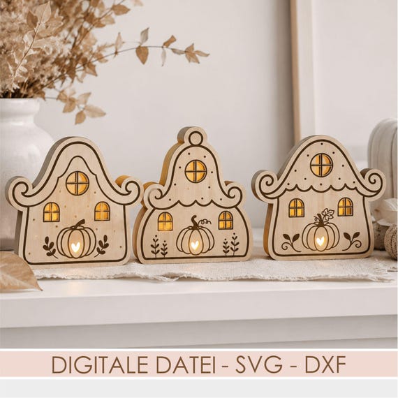 Herbst Lichthäuser SVG Set, 3 Häuser mit Kürbis Laserdatei, Teelichthalter Sperrholz + Gewerbelizenz